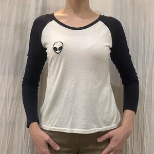 White and Navy Alien Embroidery Baseball Tee John Galt Brandy Melville